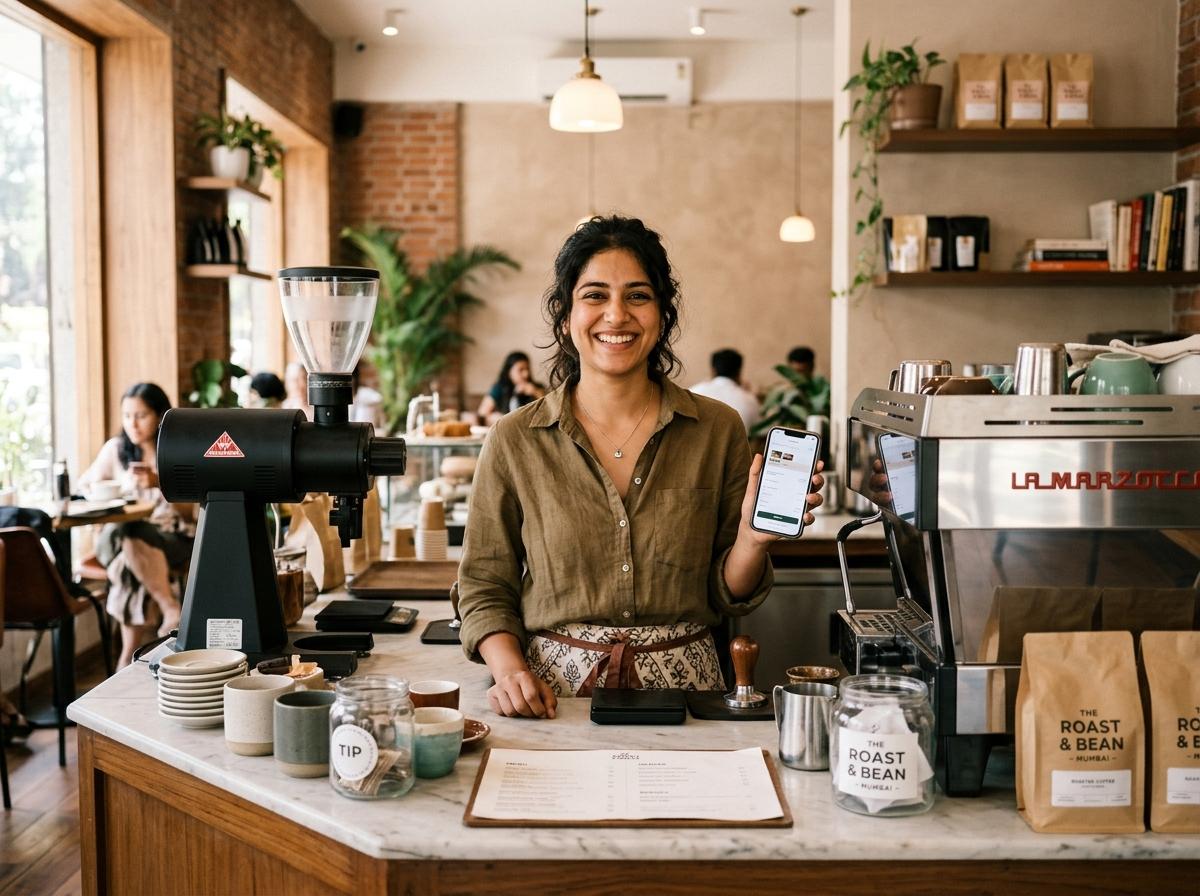 Cafe owner using DhanitiPay smart QR and UPI payment tools
